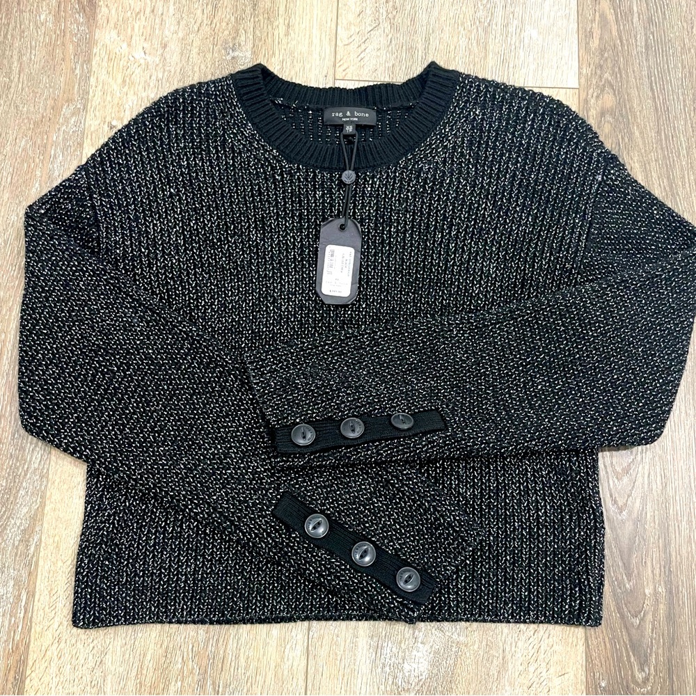 NWT Rag & Bone Jubilee Metallic Crew Neck Sweater Black S